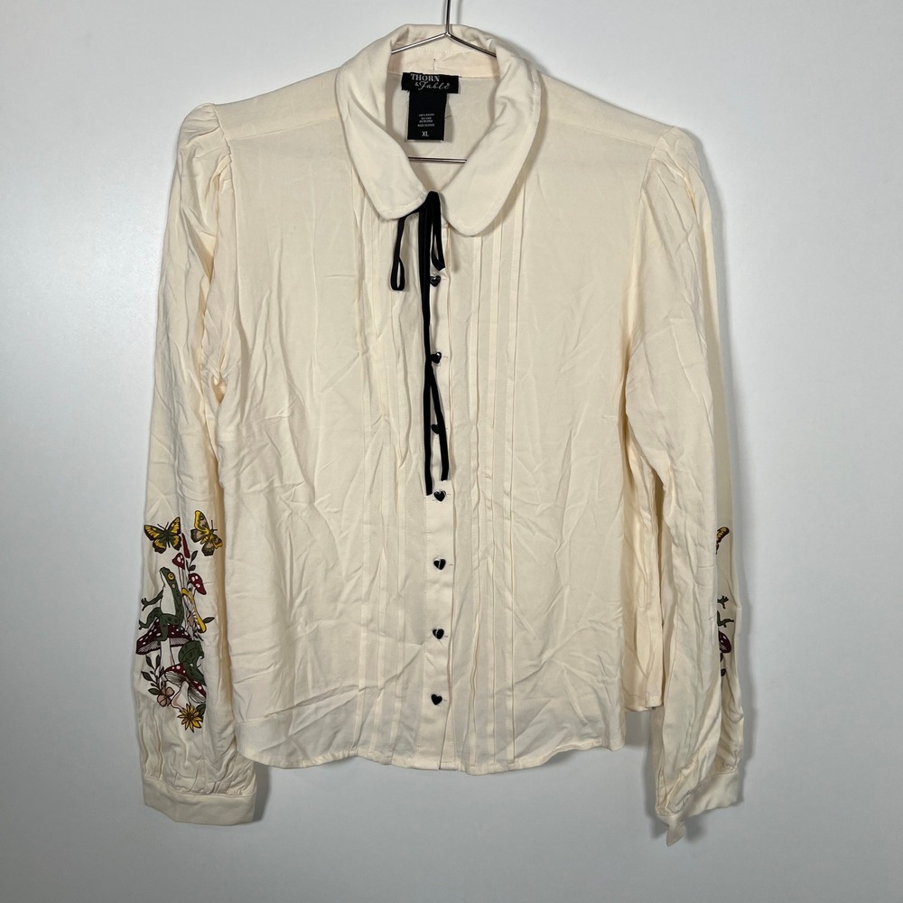 Whimsigoth Thorn & Fable Cream Embroidered Frog Mushroom Blouse Cottagecore XL